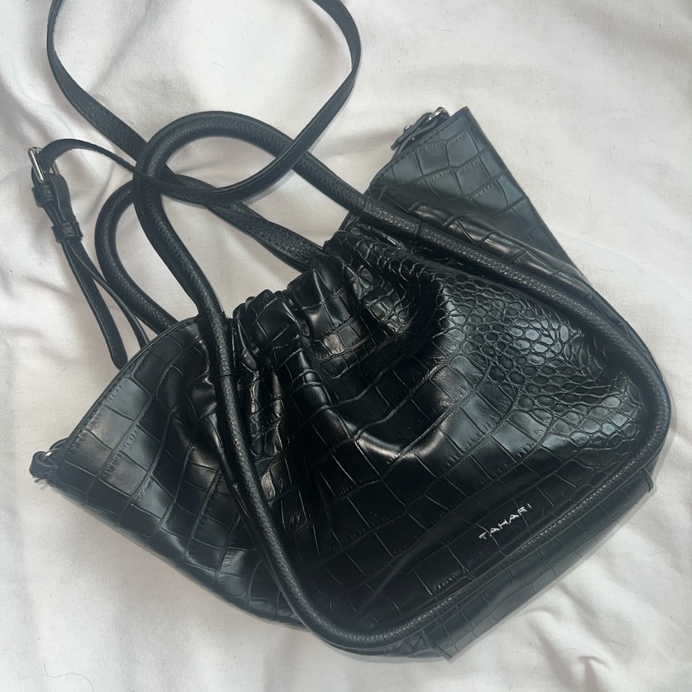 Tahari Black Crossbody Bag with Croc-Embossed Texture